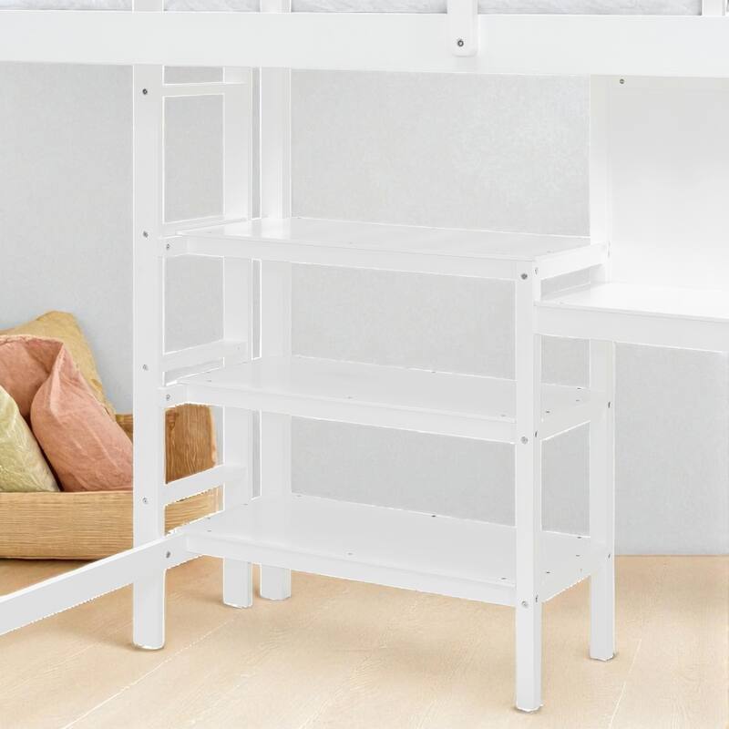 Twin Size Wooden Loft Bed with Desk, Shelves and Writable Board, Space Saving Work and Sleep Station