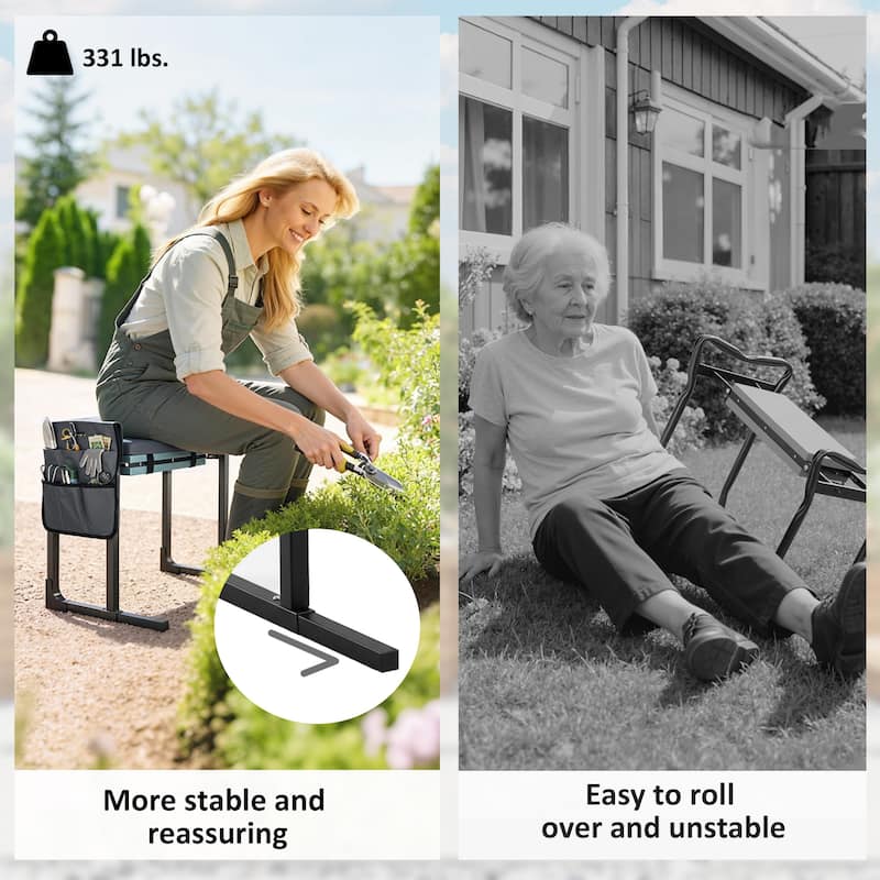 Outsunny Garden Kneeler and Seat, 330lbs Heavy Duty Foldable Gardening Stool with Extendable Legs, Thicker Soft Kneeling Pad