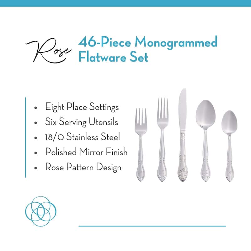 RiverRidge Rose Flatware 46-Piece Monogrammed and Non-Monogrammed Stainless Steel Silverware Set for 8