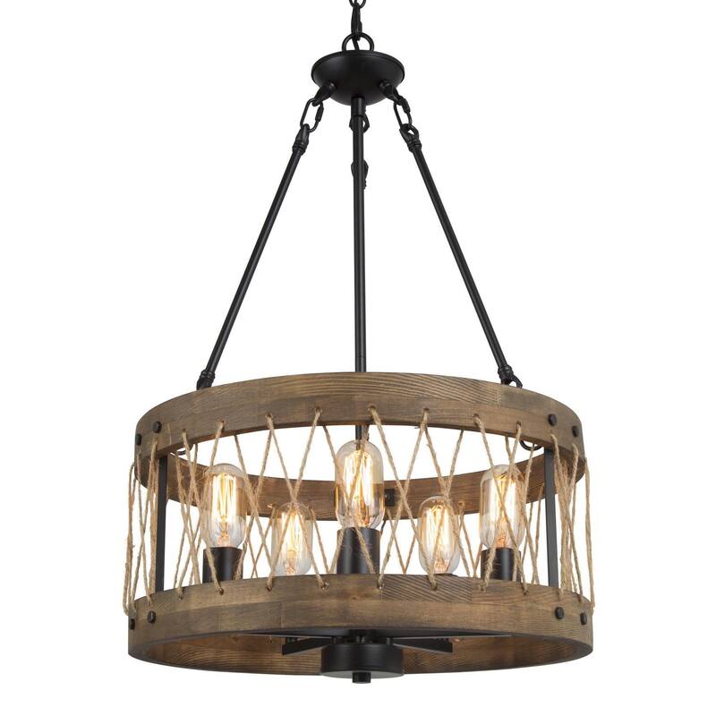 Modern Farmhouse 5-Light Wood Drum Black Metal Rustic Chandelier for Dining Room