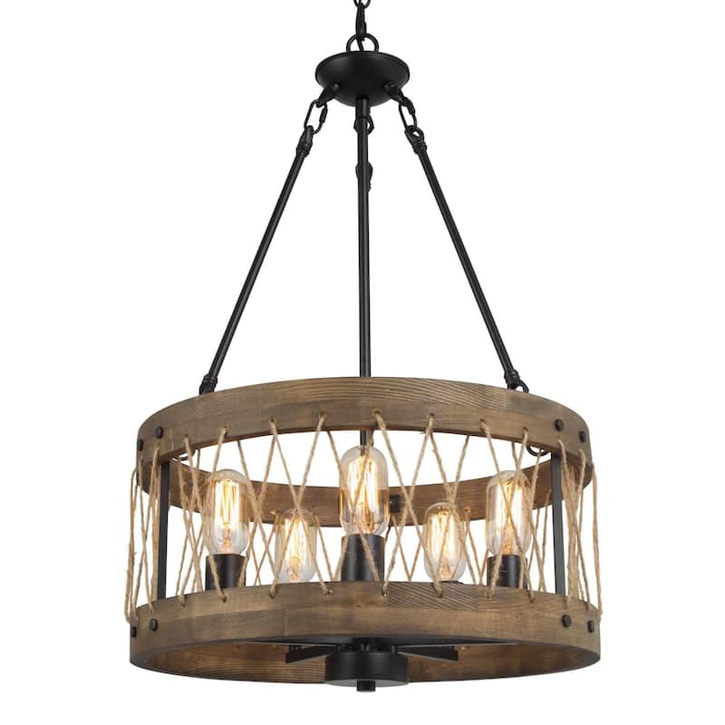 Farmhouse 5-Light Wood Drum Rustic Chandelier for Dining Room Bedroom