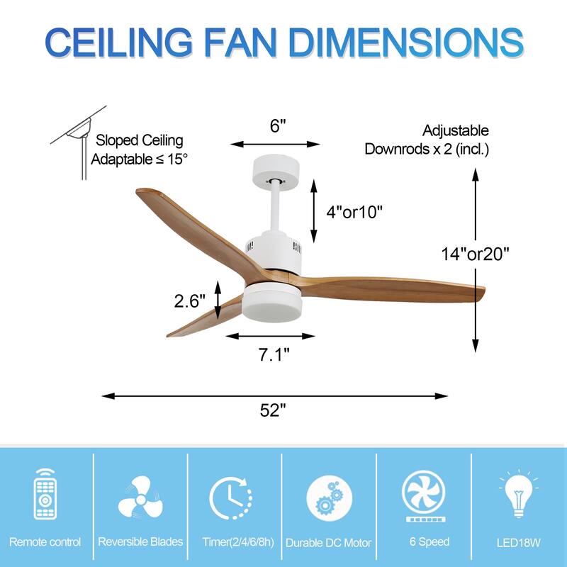 CurveCurio 52'' Indoor Classical LED Sliver Ceiling fan with LED light and Remote, DC Motor, 3 Wood Blades - 52 inches
