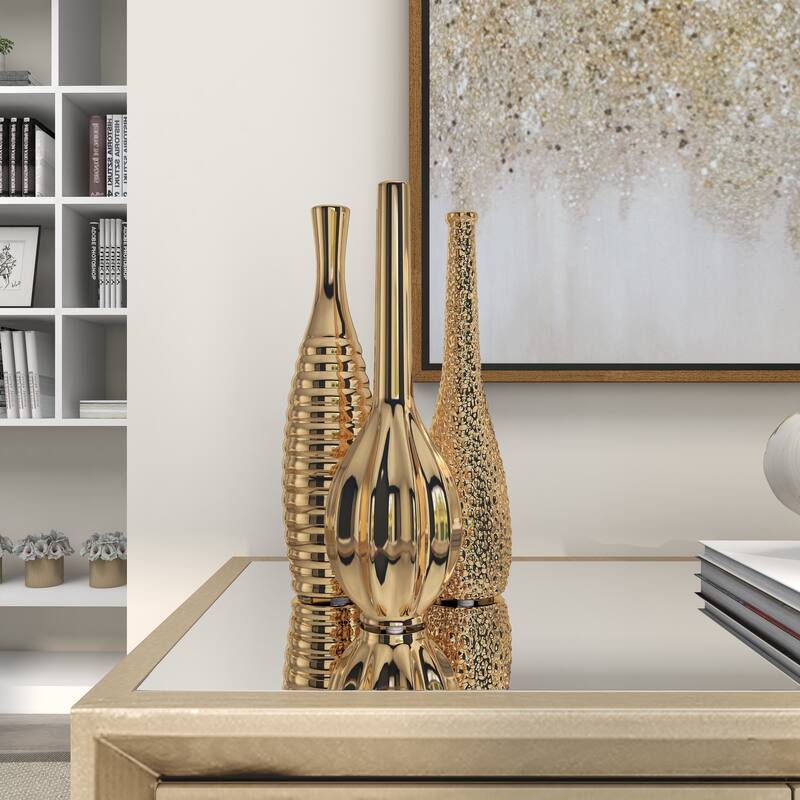 CosmoLiving by Cosmopolitan Sleek Ceramic Glam Vase with Varying Patterns (Set of 3) - Silver, Gold, Dark Blue, White