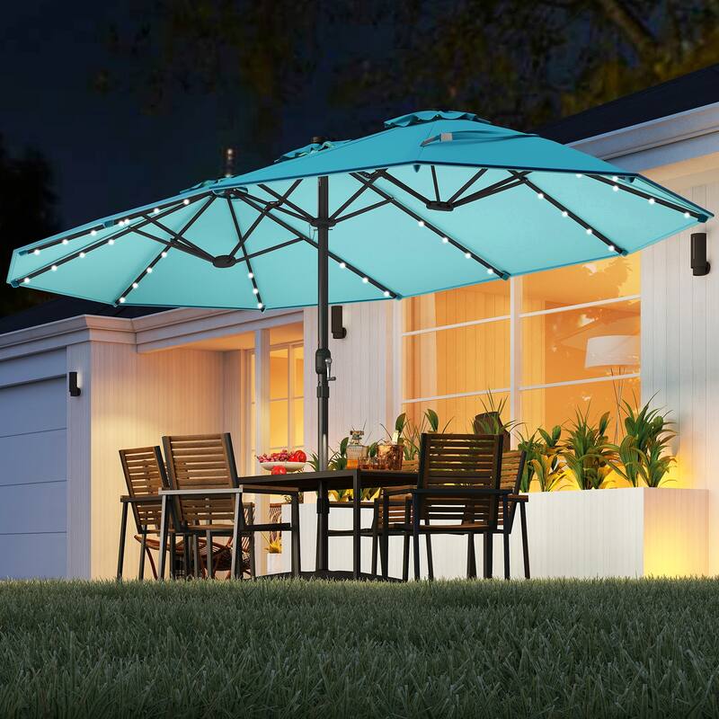 15FT Double Sided Patio Umbrella with LED Lights and Hand Crank Canopy