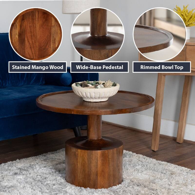 Round Mango Wood Coffee Table with Pedestal Base - 27.5" Accent Table with Rimmed Top - Dark Finish