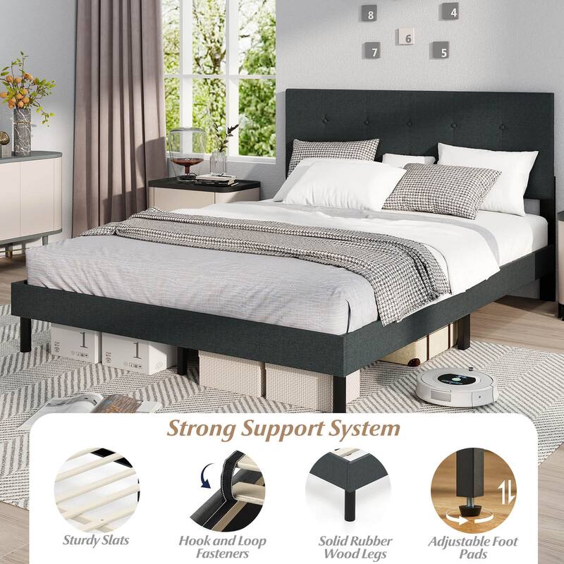Costway Queen Size Bed Frame Linen Upholstered Platform Bed Frame with