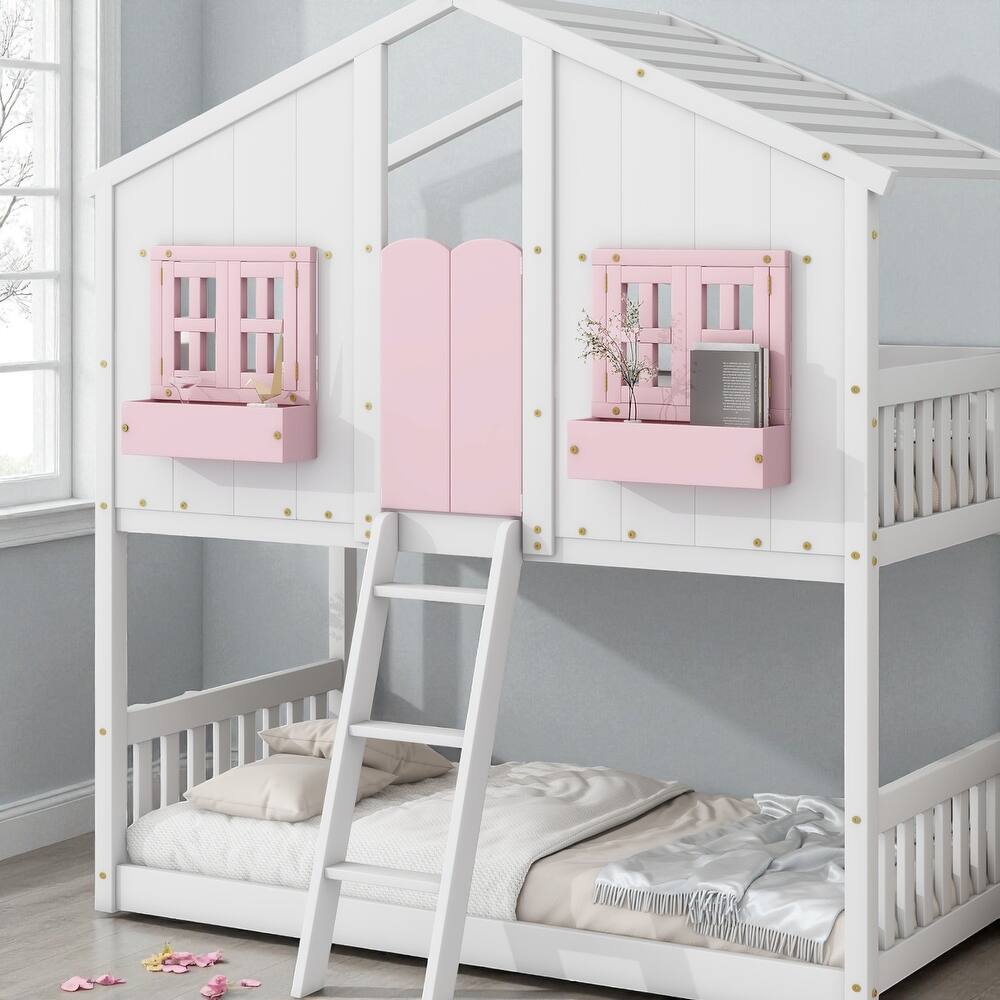 Twin Over Twin Wooden House Bunk Bed with Roof, Windows, Door, and Ladder, Kids Playhouse Bed with Guardrails