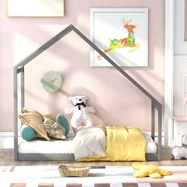 slide 2 of 9, Gray Twin Size Solid Wood House Bed with Roof for Kids, Boys and Girls, Bedroom Twin - Gray
