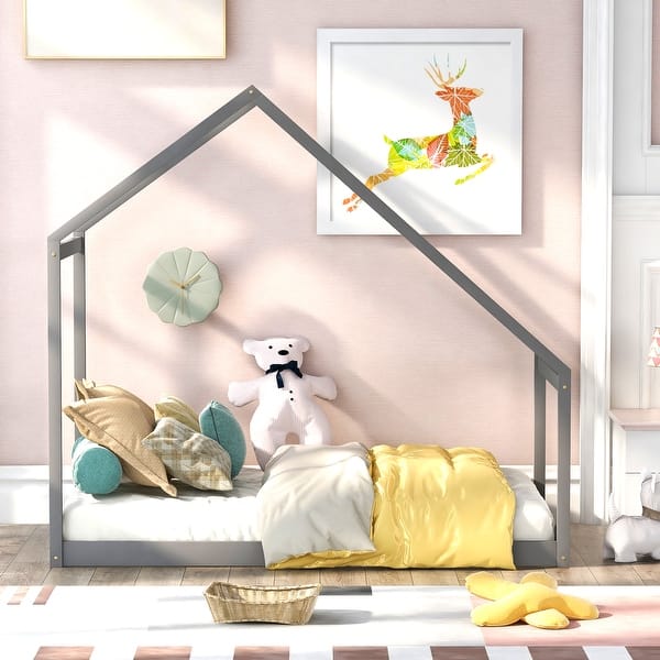 slide 2 of 9, Twin Size Wooden House Bed with Semi-Enclosed Design Grey