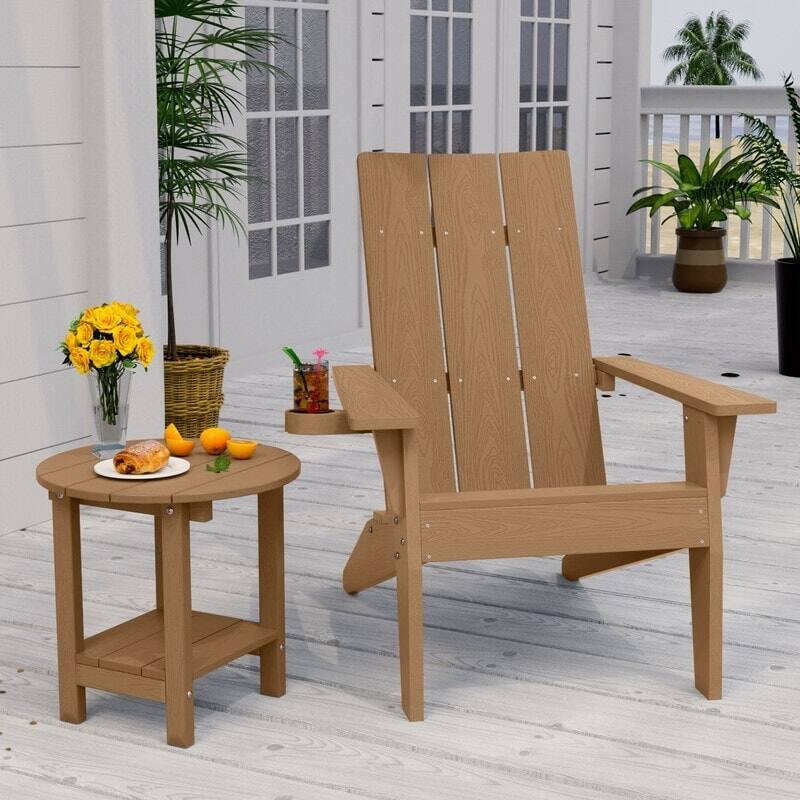 WINSOON 2-Piece All Weather HIPS Outdoor Adirondack Cup Holder Chair and Table set - Teak