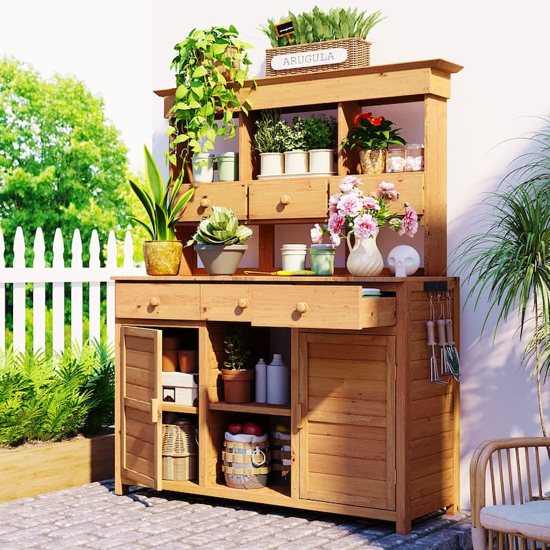 65.7'' H Tall Garden Potting Bench Table with Hutch, Patio Storage Workstation with 3 Shelves