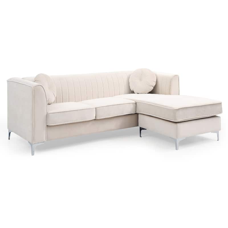 Channel Tufted Velvet L Shape Sectional Sofa with Throw Pillows - 87" - Beige
