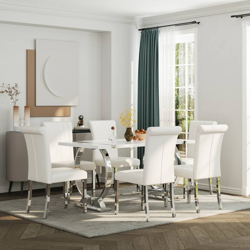 Modern White Dining Table with Polished Stainless Steel Circle Base