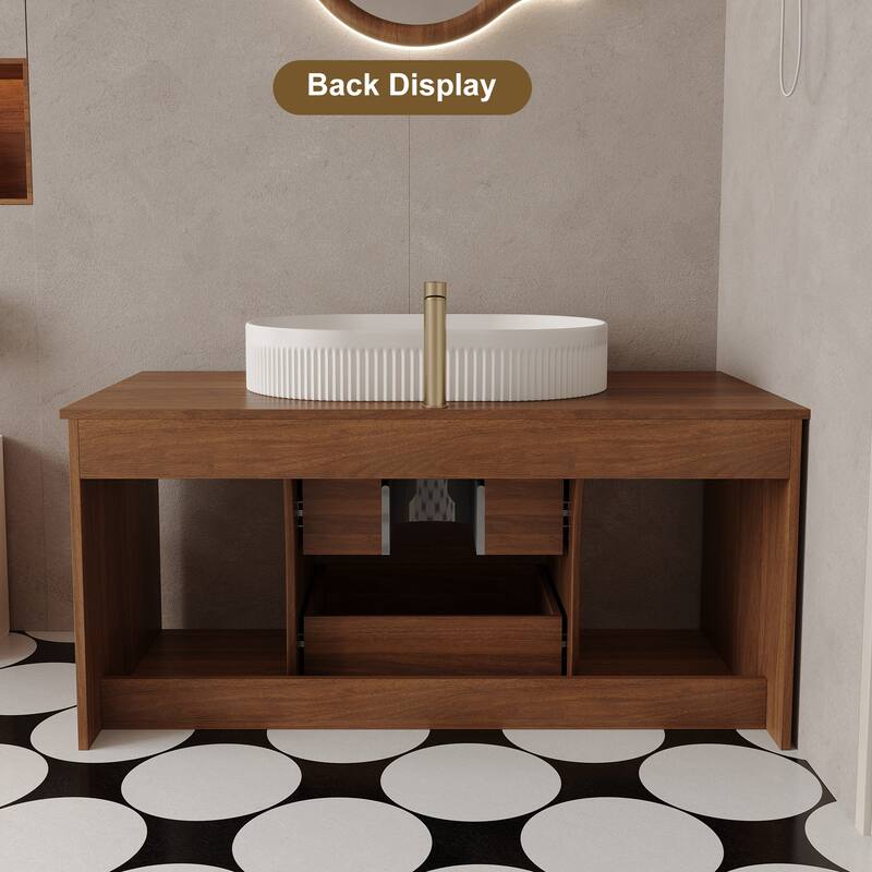 Modern 39.4 Wall-Mounted Bathroom Vanity with Oval Ceramic Sink Floating Vanity Multi-Layer Solid Wood Cabinet