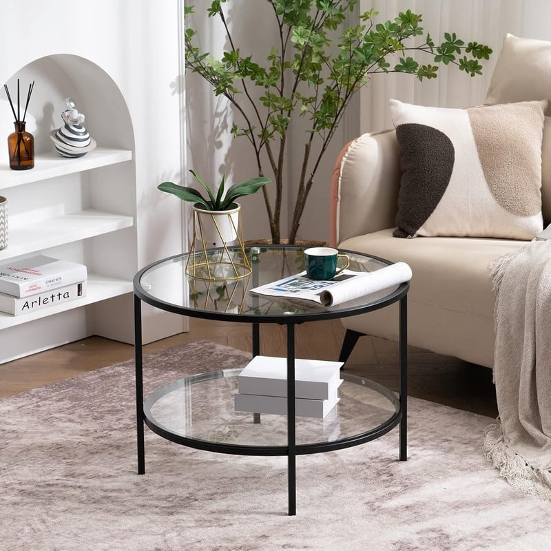 VINGLI Double-Layer Round Glass Matt Black Powder-Coated Iron Frame Coffee Table - Black