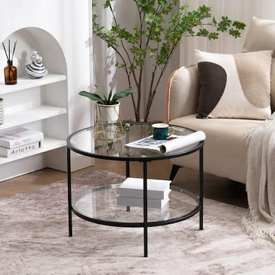 VINGLI Double-Layer Round Glass Matt Black Powder-Coated Iron Frame Coffee Table