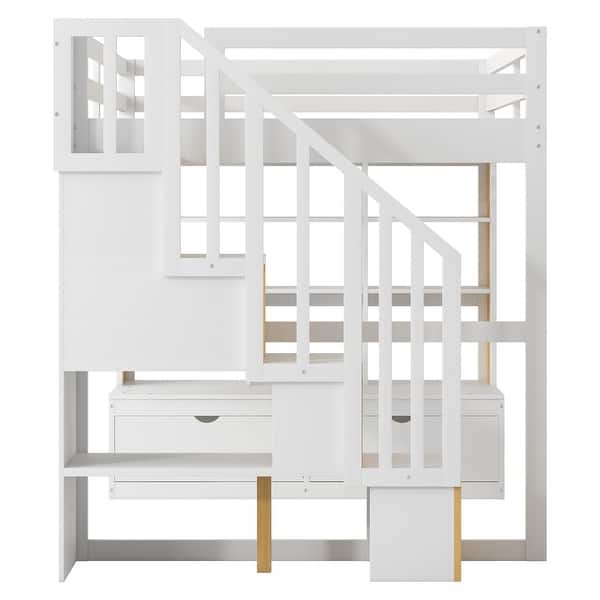 slide 2 of 13, Full Size Loft Bed With Desk And Shelves, Two Built-In Drawers, Storage Staircase, White And Natural White-Natural