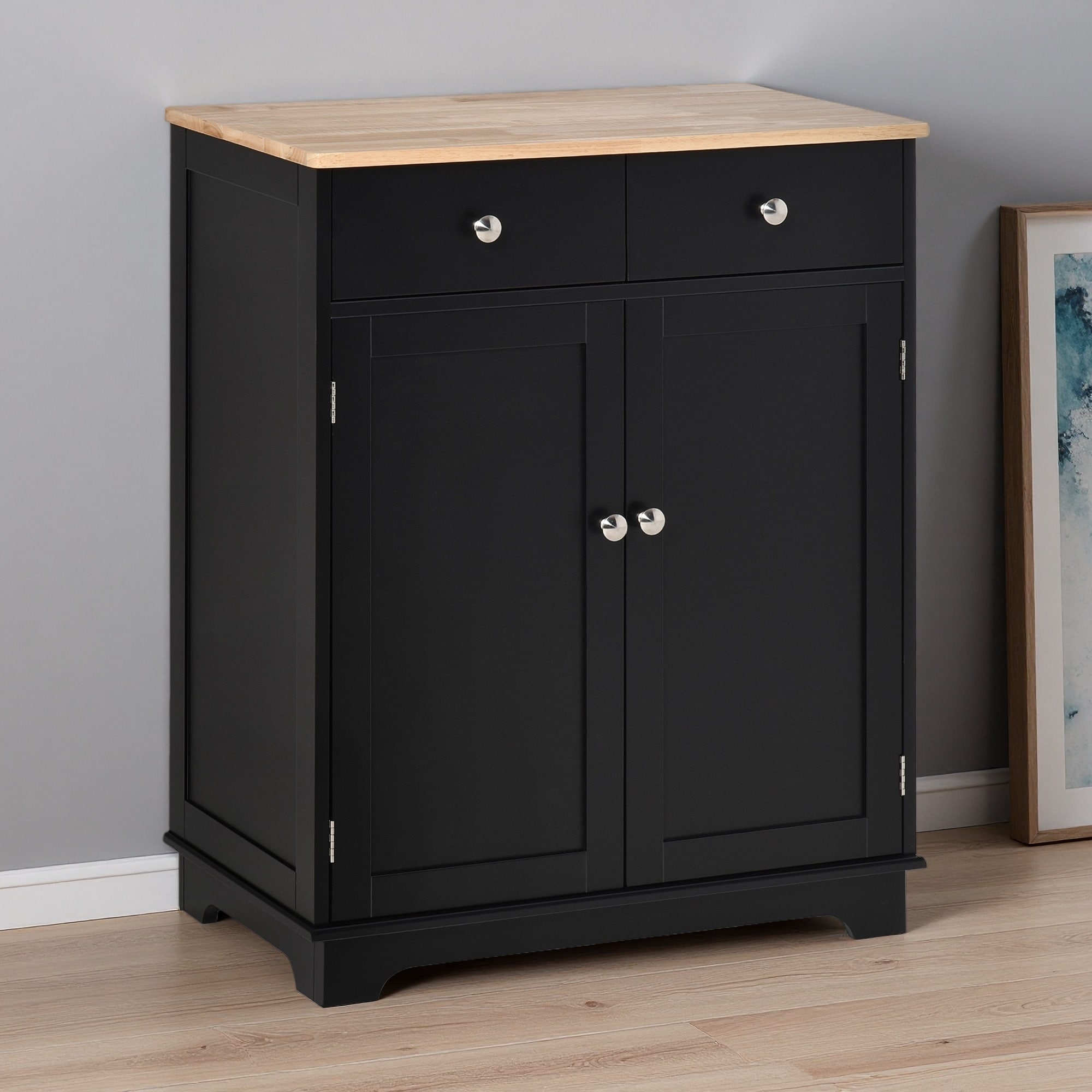 27" Solid Wood & MDF Modern Buffet Cabinet with 2 Drawers, Doors and Adjustable Shelf for Dining Room or Entryway Storage