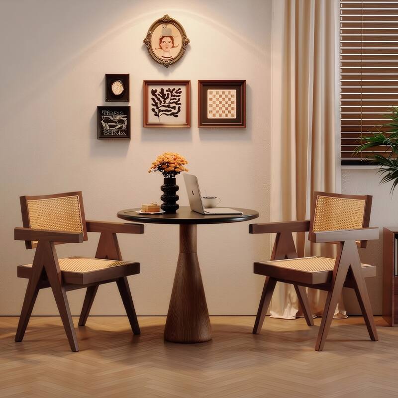 Mid-Century Accent Chairs with Rattan Back & Arms (Set of 2) - Walnut