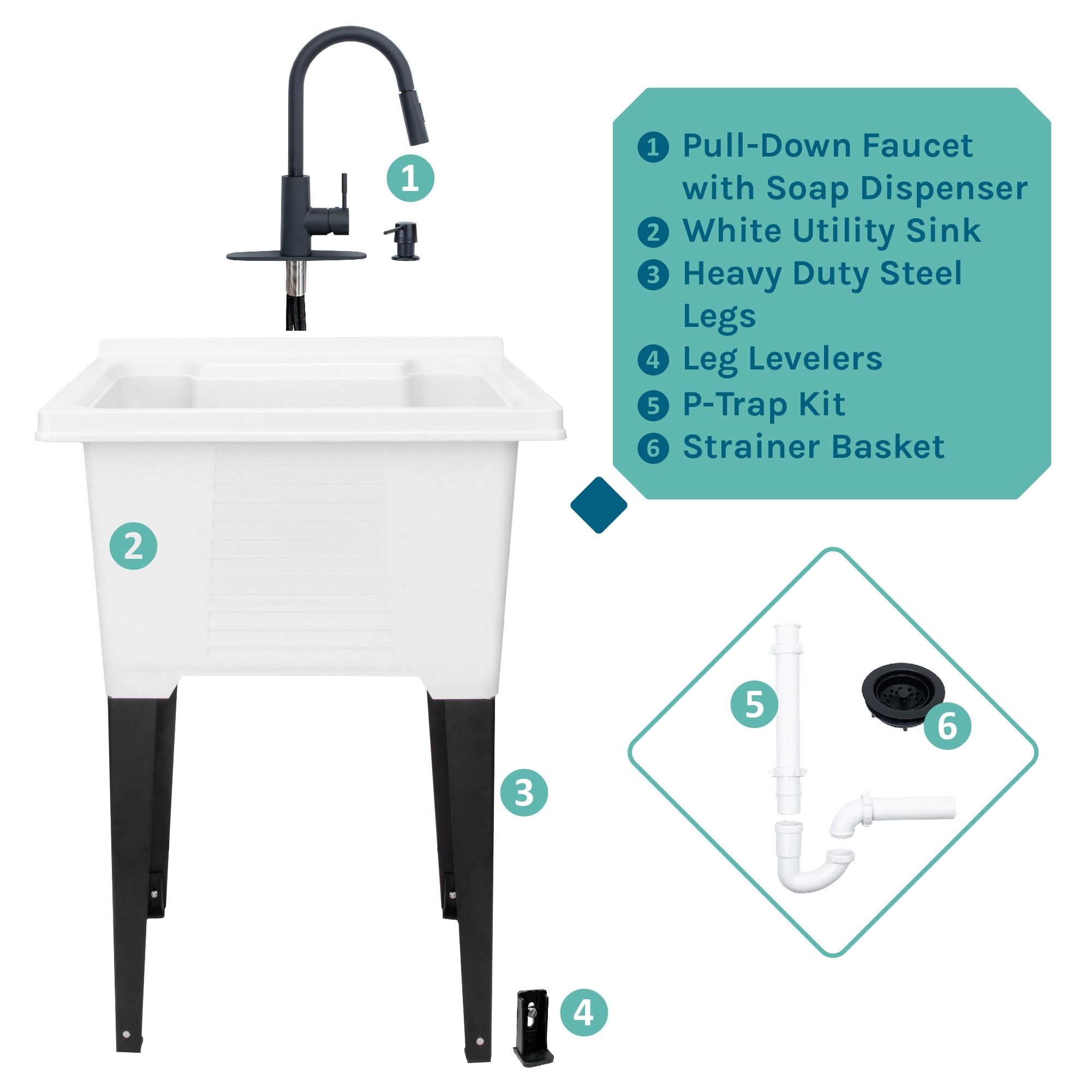 TEHILA Glossy White Utility Sink Laundry Tub with High Arc Faucet