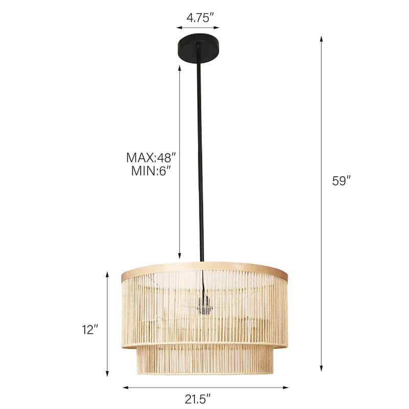 Traditional Rattan Chandelier Pendant Light With Wood Finish Band
