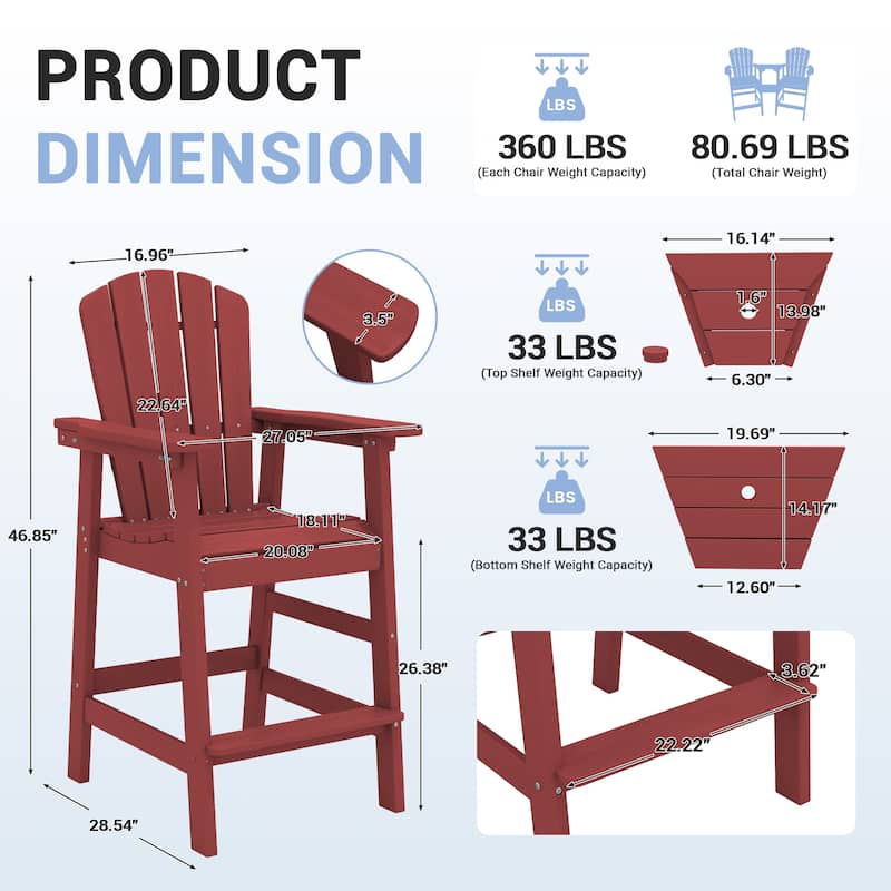 Outdoor Tall Adirondack Chair Set of 2 with Connecting Tray