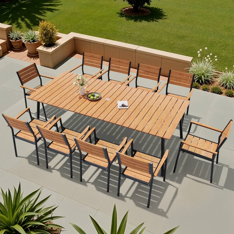 11-piece Outdoor Aluminum Rectangle Patio Dining Table with Umbrella Hole and Chairs
