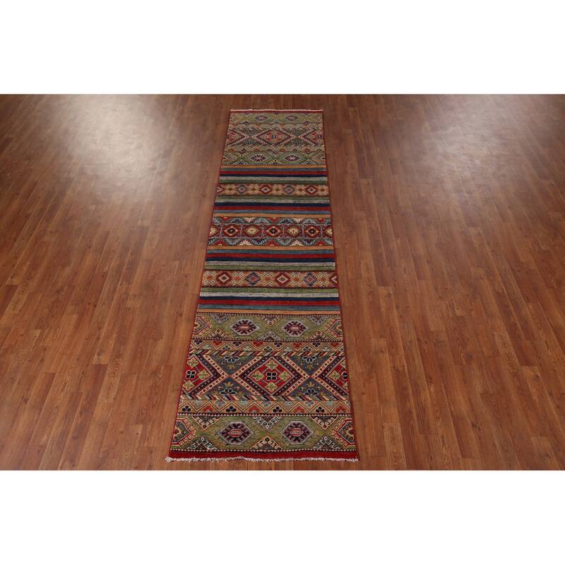 Striped Kazak Oriental Runner Rug Hand-Knotted Wool Carpet - 2'8" x 9'5"