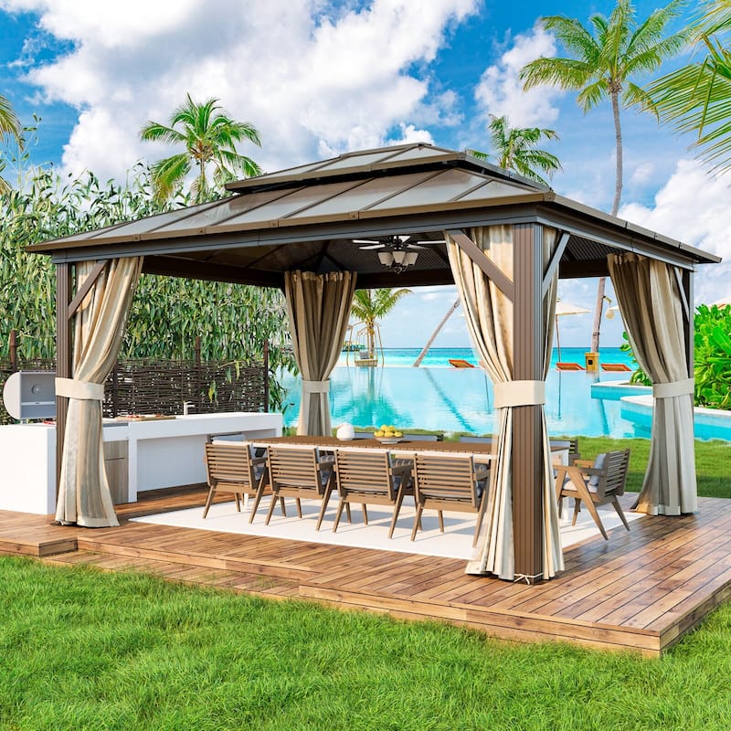 EROMMY Outdoor Wood Gazebo with Double Polycarbonate Roof, Heavy Duty Backyard Patio Pergola Canopy for Garden Shade - 12x14 - Aluminum Frame