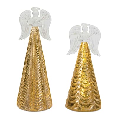 LED Textured Glass Angel Christmas Tabletop Decorations 8" Set of 2