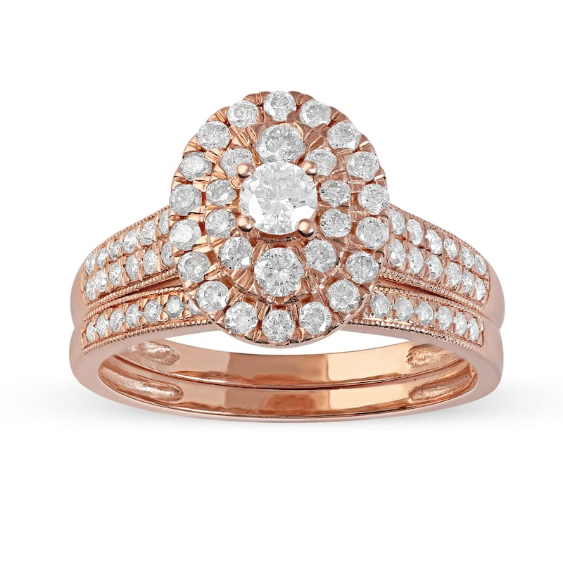 IGI Certified 1ct TDW Diamond Oval Frame Halo Bridal Set in 14K Gold for Women