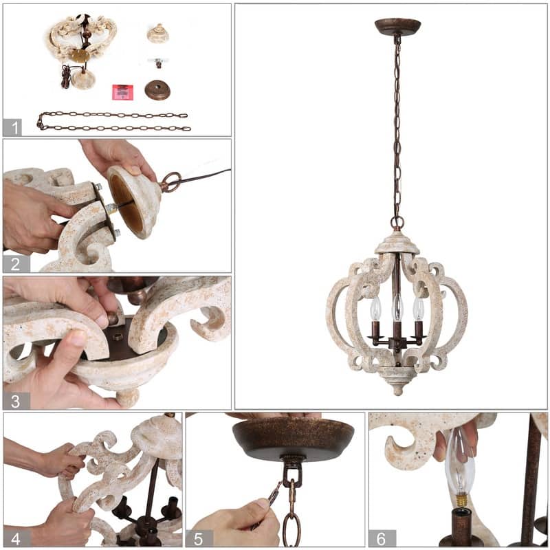 Azizon 3-Light Farmhouse Lantern Chandelier Wood Pendant Light for Dining Room