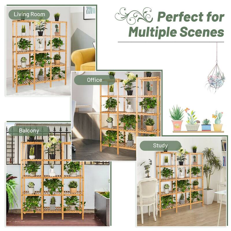 Costway Multifunctional Bamboo Shelf Flower Plant Stand Display - 45.5''L x 12.5'' W x 55.5'' H