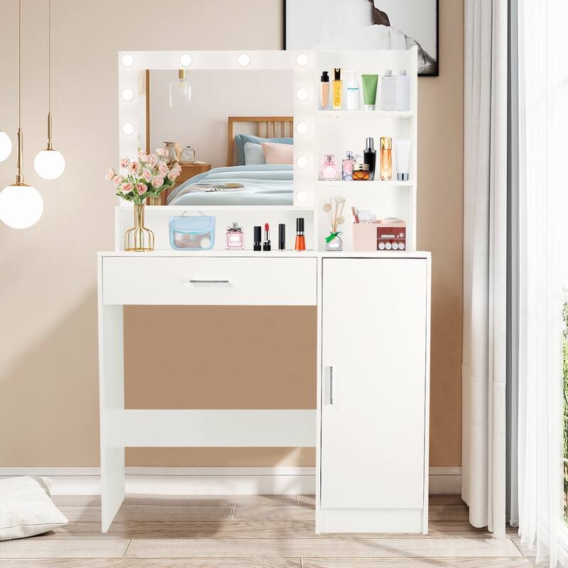Vanity Desk with Mirror and Lights,with Drawer & Storage Cabinet,3 Adjustable Lighting Colors,with Open Shelves