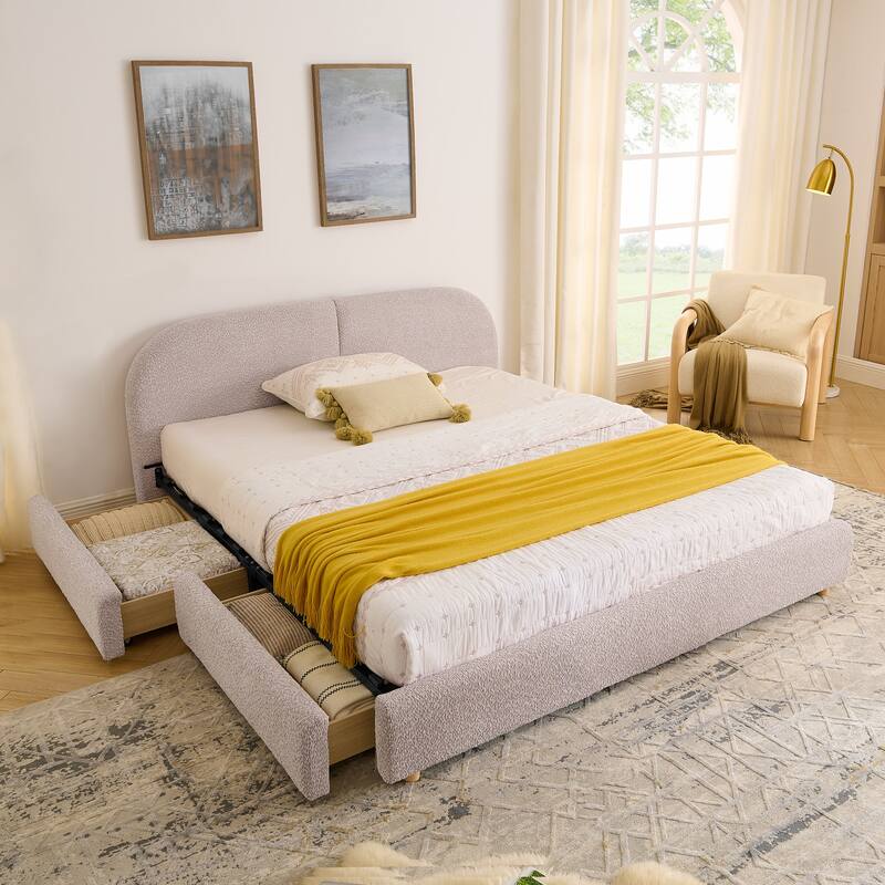 Fabric Upholstered Platform Bed Frame with Curved Headboard/4 Built-in Wheeled Storage Drawers/Sturdy Legs Support/Easy Assembly