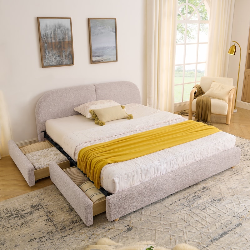 Stylish Curve-shaped Upholstered Platform Bed Frame Modern Minimalist Low Profile Bed with Curved Headboard Optional Storage Bed - Pink with Drawers - Queen