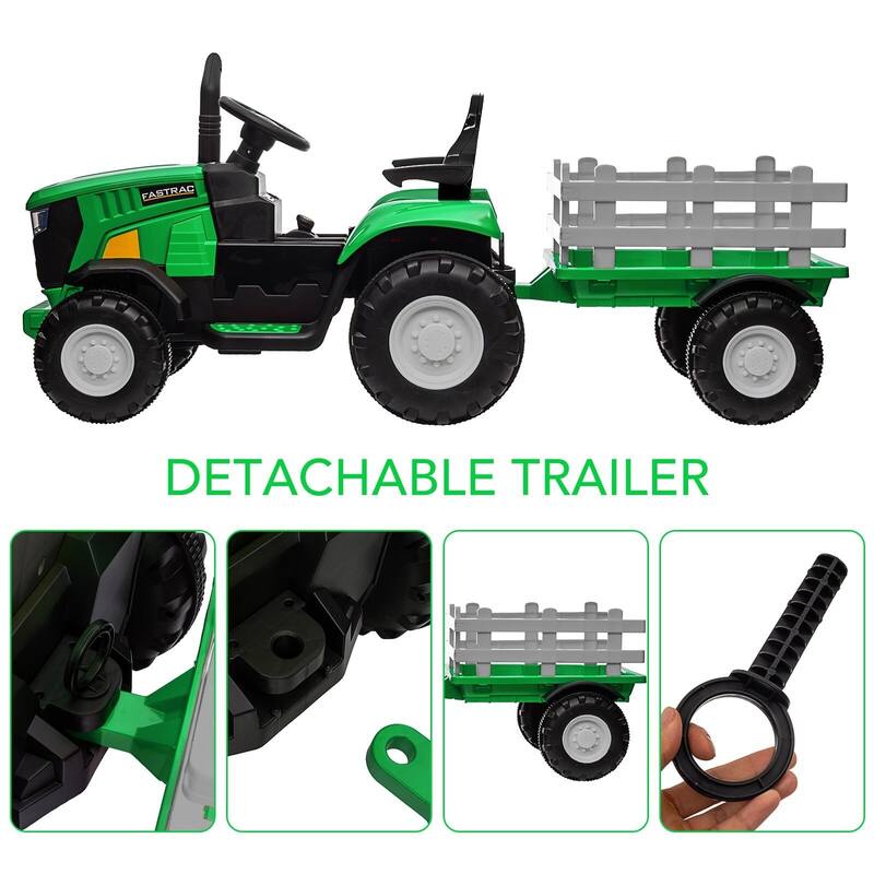 Electric Kids Ride On Tractor with Trailer, 12V Battery Powered Vehicle Toy