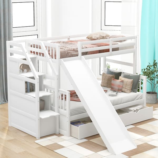 slide 2 of 22, Twin Over Full Bunk Bed with Storage Drawers & Guardrails, Multifunction Wood Bunk Bed with Stairs & Slide, Space-Saving Design White - Full