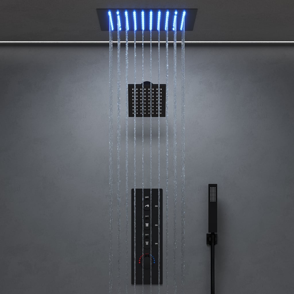 GRANDJOY Shower System 12 inch Ceiling and 6 inch Wall Mount Rainfall Dual Shower Heads with LED Handheld Spray Thermostatic