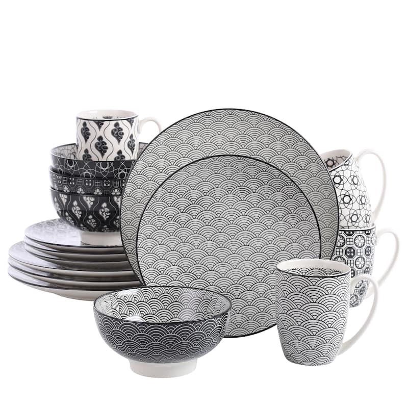 16- Piece Modern Assorted Pattern White with Black Porcelain Dinnerware ...