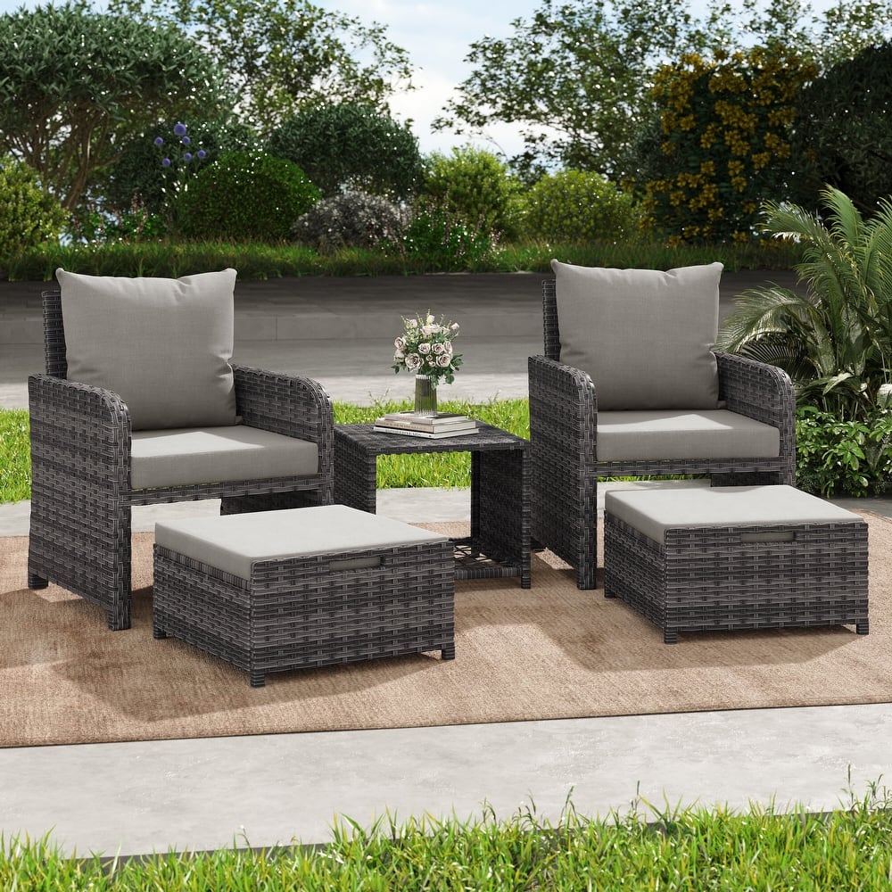 5 Pieces Patio Chair Ottoman Conversation Set with Cushions Table