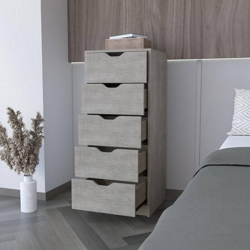 Compact Vertical Wood Dresser with 5 Drawers Slim Chest of Drawers for Bedroom or Office Use