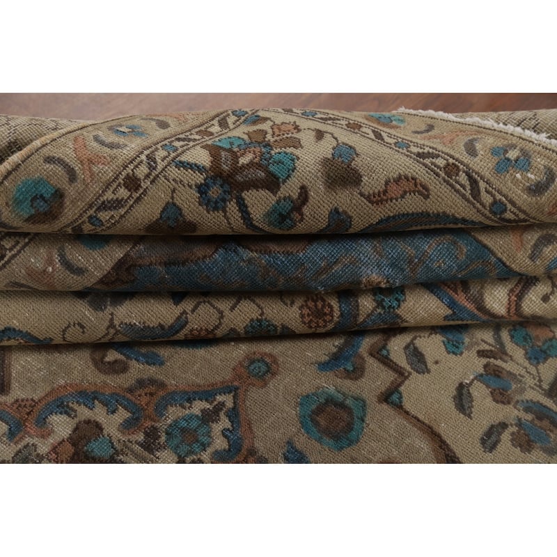 Distressed Beige Tabriz Vintage Persian Rug Hand-Knotted Wool Carpet - 7'10" x 10'11"