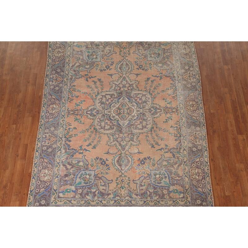 Distressed Tabriz Persian Vintage Rug Handmade Bedroom Wool Carpet - 6'5" x 9'3"