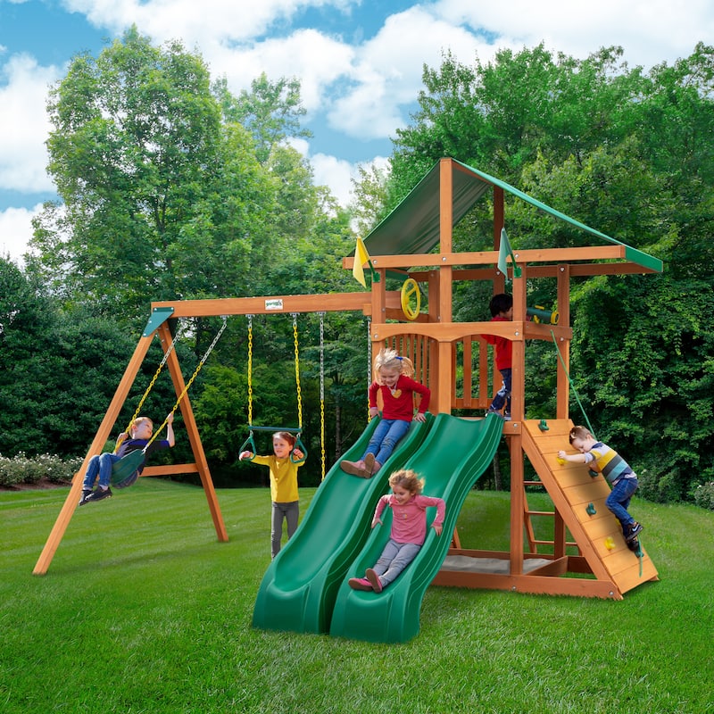 Gorilla Playsets Avalon Wood Outdoor Playground Swing Set with Dual Slides - Amber