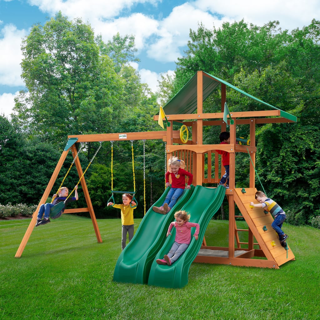 Gorilla Playsets Avalon Wood Outdoor Playground Swing Set with Dual Slides - Amber