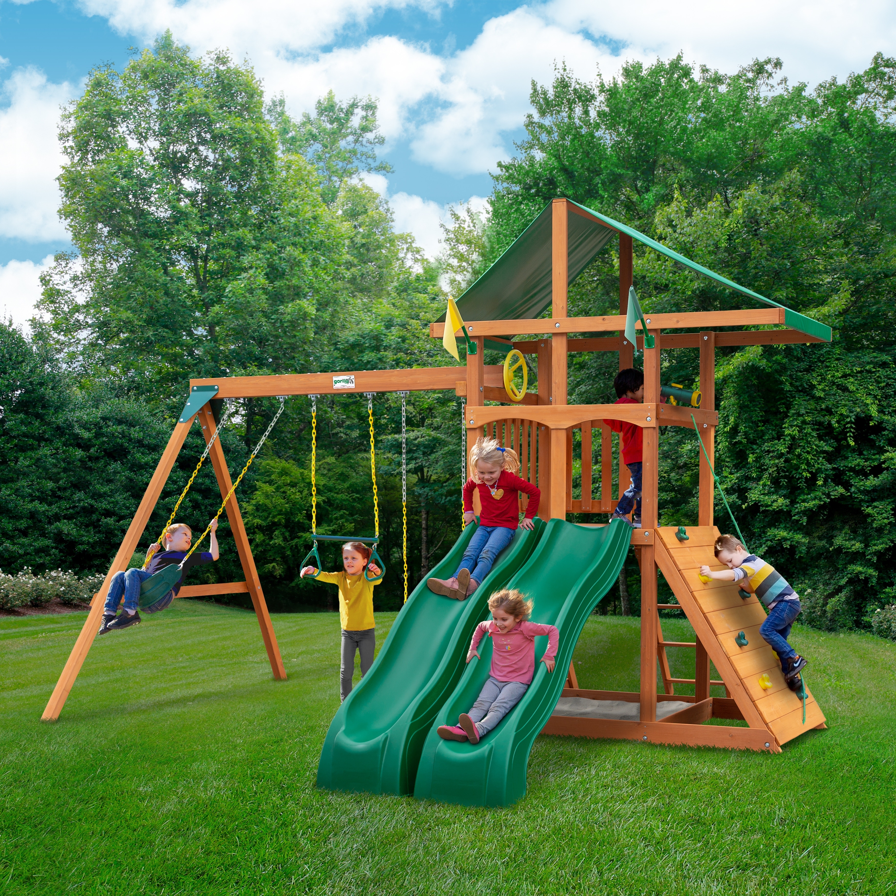 Gorilla Playsets Avalon Wood Outdoor Playground Swing Set with Dual Slides - Amber