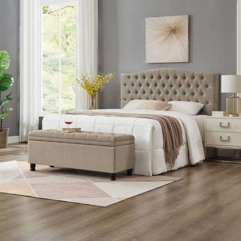 Bedroom End of Bed Bench with Spindle Wood Legs, Upholstered Decorative Stool Elegant Storage Bench with Flipping Lid - Linen