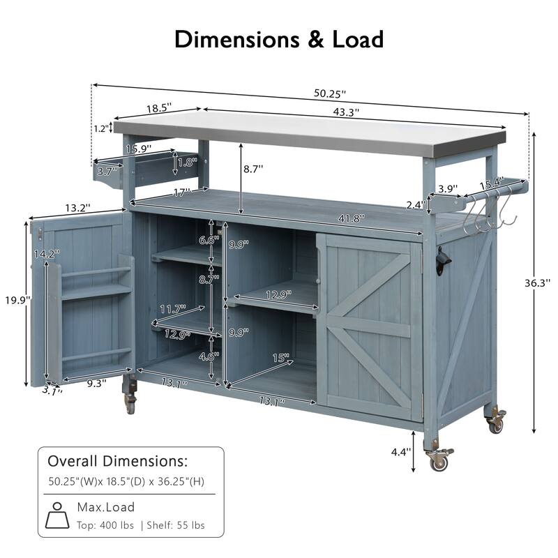 Farmhouse Outdoor Kitchen Island, Rolling Bar Cart & Storage Cabinet with Stainless Steel Top, Spice Rack & Towel Rack