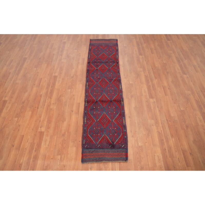 Hand Knotted Oriental 100% Wool Carpet Traditional Tribal Navy Blue & Blues Balouch Runner Rug - 7' 11'' X 1' 10''